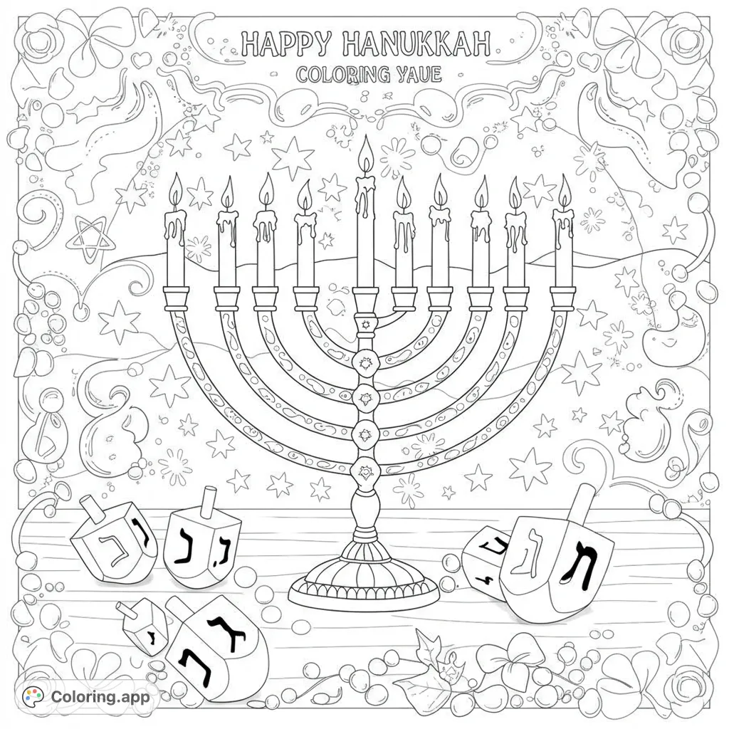A festive Hanukkah scene featuring a grand menorah with nine lit candles, surrounded by playful dreidels and decorative holiday elements, perfect for coloring.