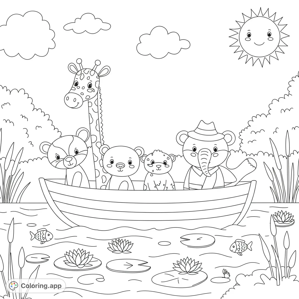 A delightful animal boat ride coloring page featuring a giraffe, bears, and an elephant on a sunny pond with lily pads. Free printable fun!