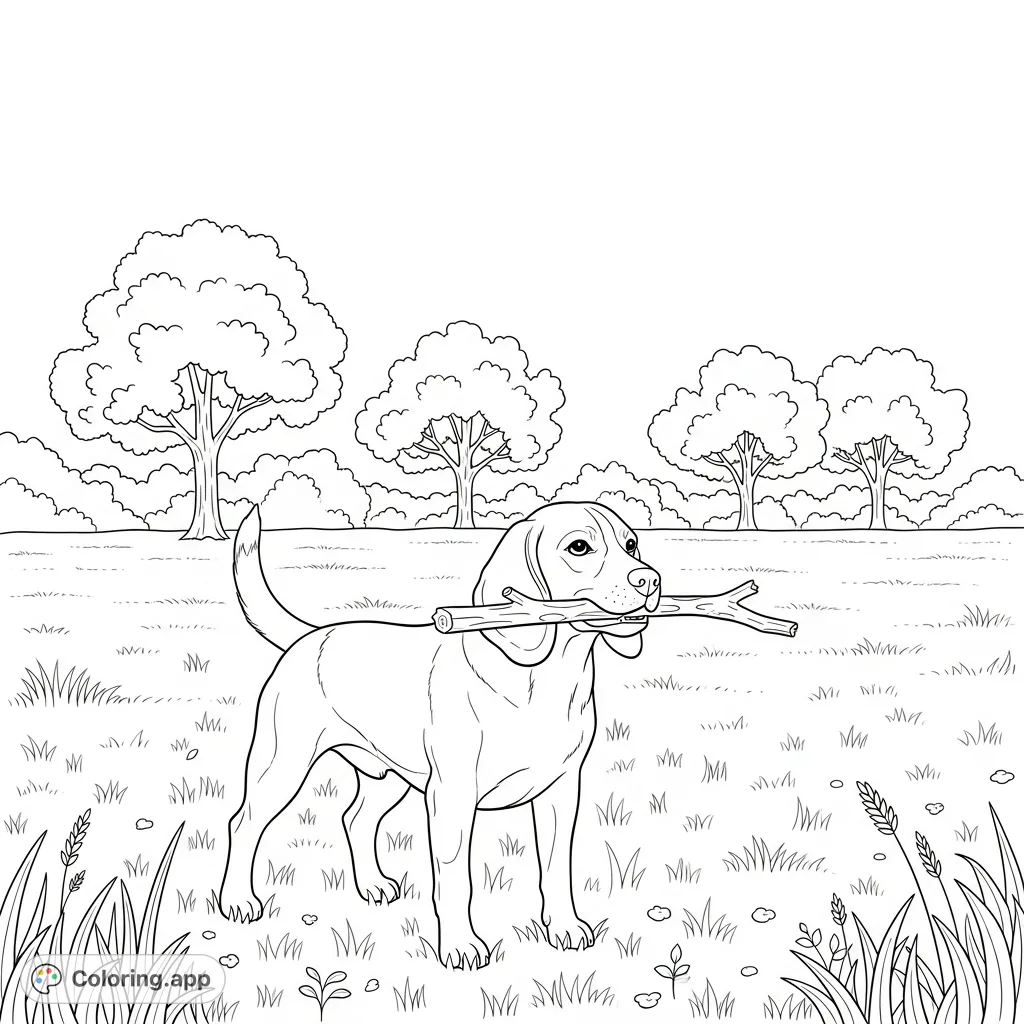 A joyful beagle proudly carries a stick in a sunny, open grassy field, with simple trees in the background. A classic scene perfect for all ages.