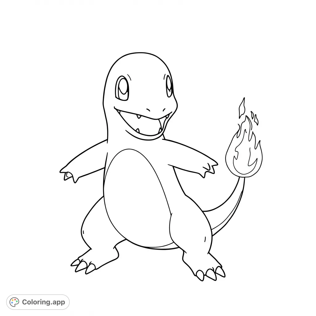 A delightful Charmander coloring page featuring the beloved fire-type Pokémon with a happy smile and iconic flame tail. Perfect for fans!