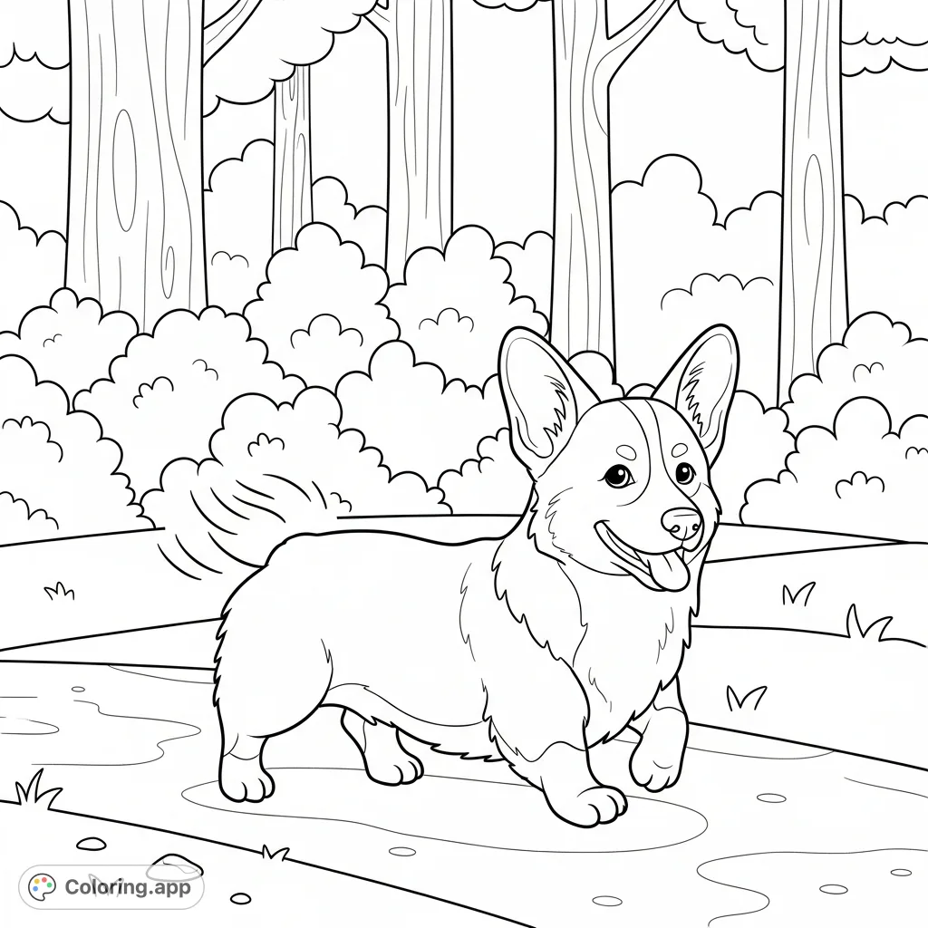 A cheerful corgi trots along a winding park trail with simplified trees and bushes. A delightful scene for animal lovers to bring to life.