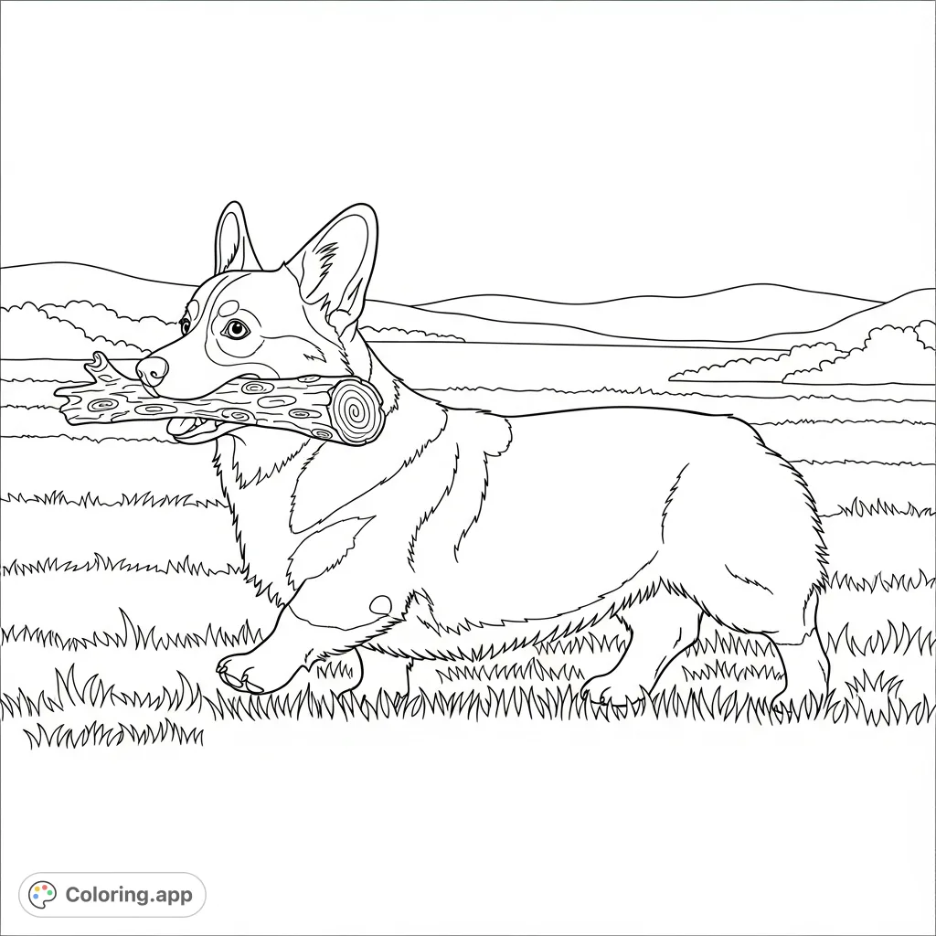 A joyful corgi trots through a sunny grassy field, proudly carrying a stick. This charming scene invites playful coloring and imaginative fun.