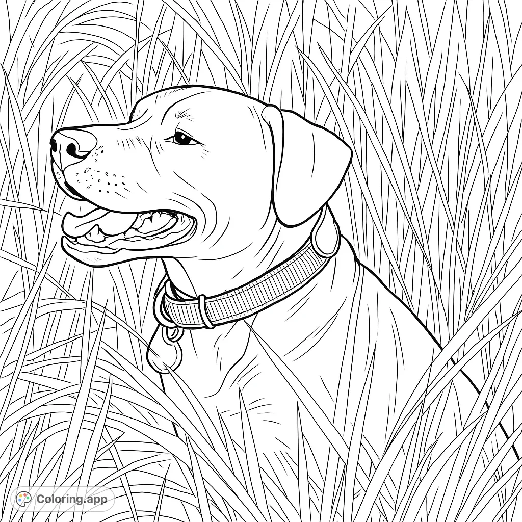 A happy dog peeking through tall grass, wearing a collar with a tag. A delightful nature-themed coloring page for all ages.