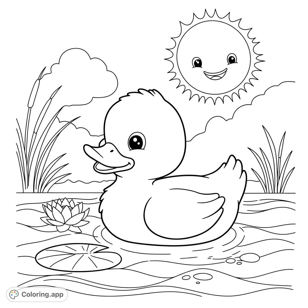 A delightful duckling swims happily in a pond with a smiling sun, lily pad, and lotus flower. Perfect for a fun, easy coloring experience!