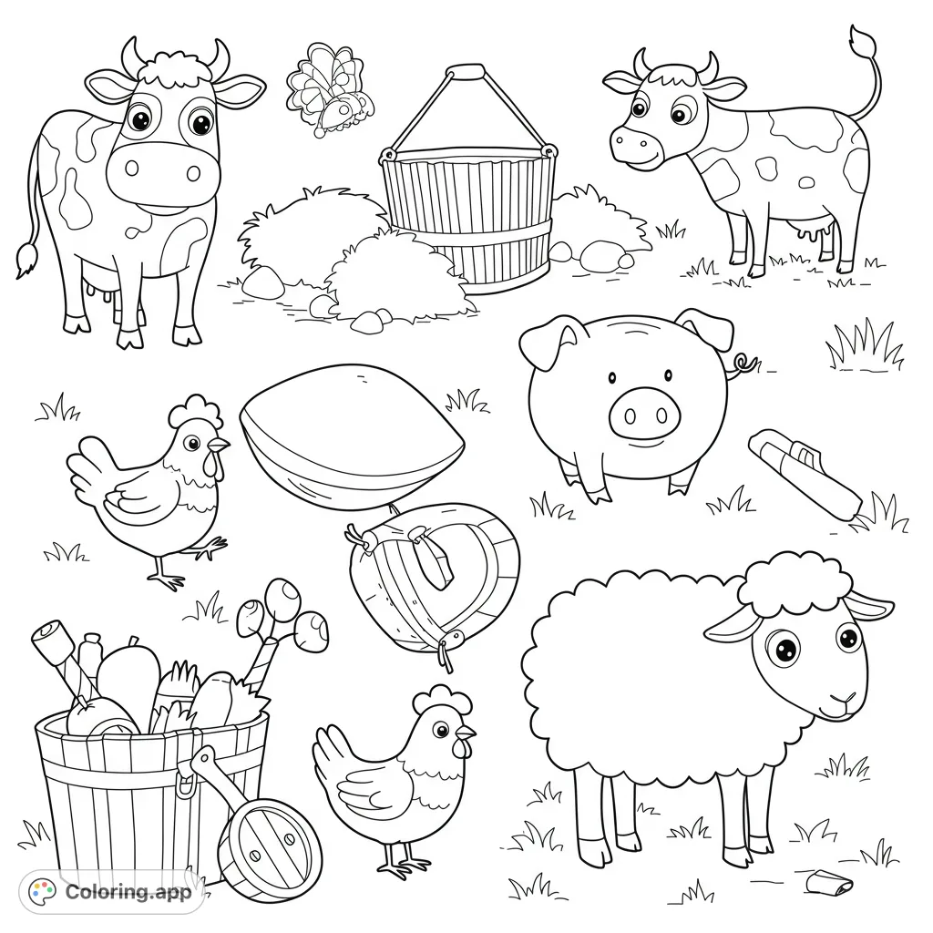 A delightful farm animals coloring page featuring cows, a pig, sheep, chickens, and farm tools. Free printable coloring page for kids.