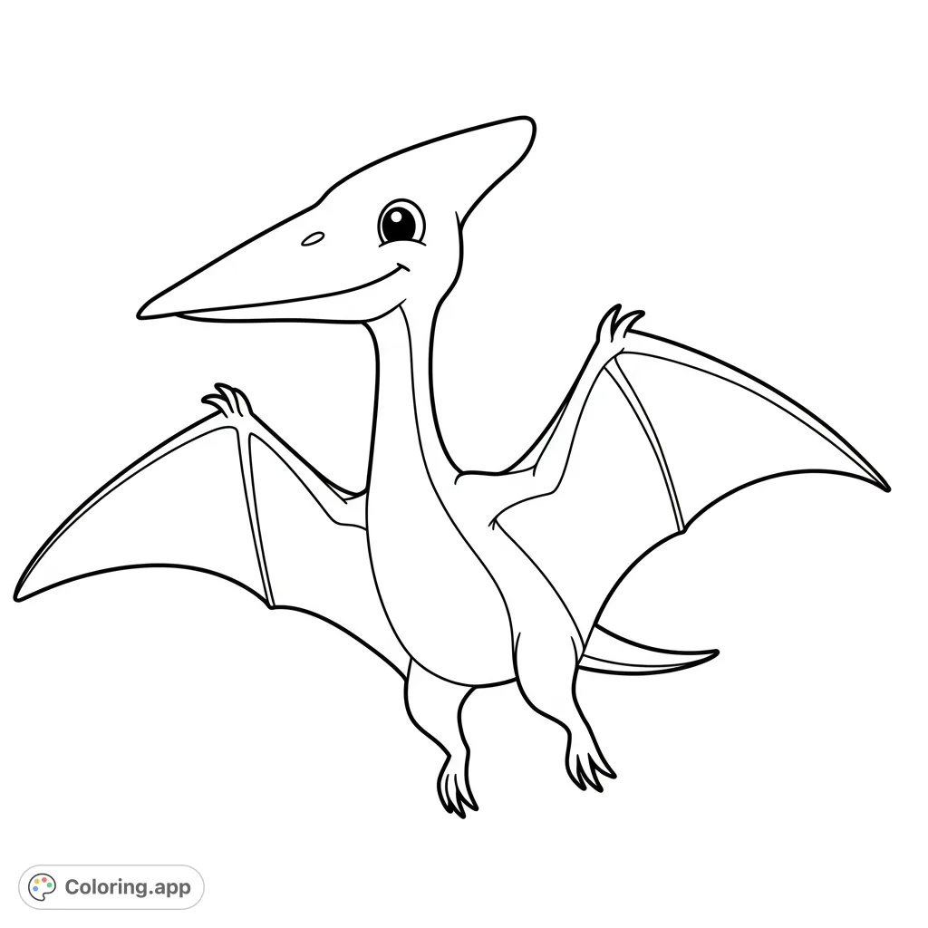 A cheerful cartoon pterodactyl with wide wings, ready for a prehistoric adventure. Perfect for young dinosaur fans to color and enjoy.