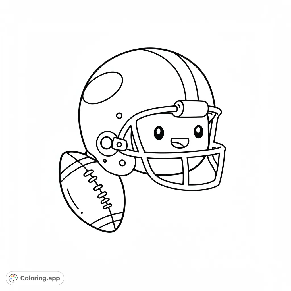 A charming football helmet coloring page featuring a happy, simple face peeking out, with a football attached. Perfect for young sports fans!