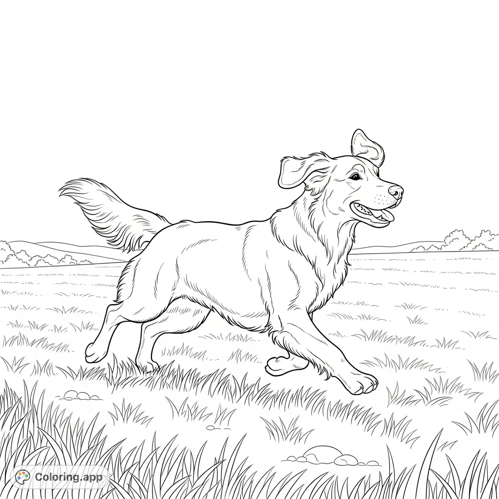A joyful golden retriever sprints across an open field, ears flowing backward, tail wagging, with subtle motion lines. A heartwarming scene ready for color.