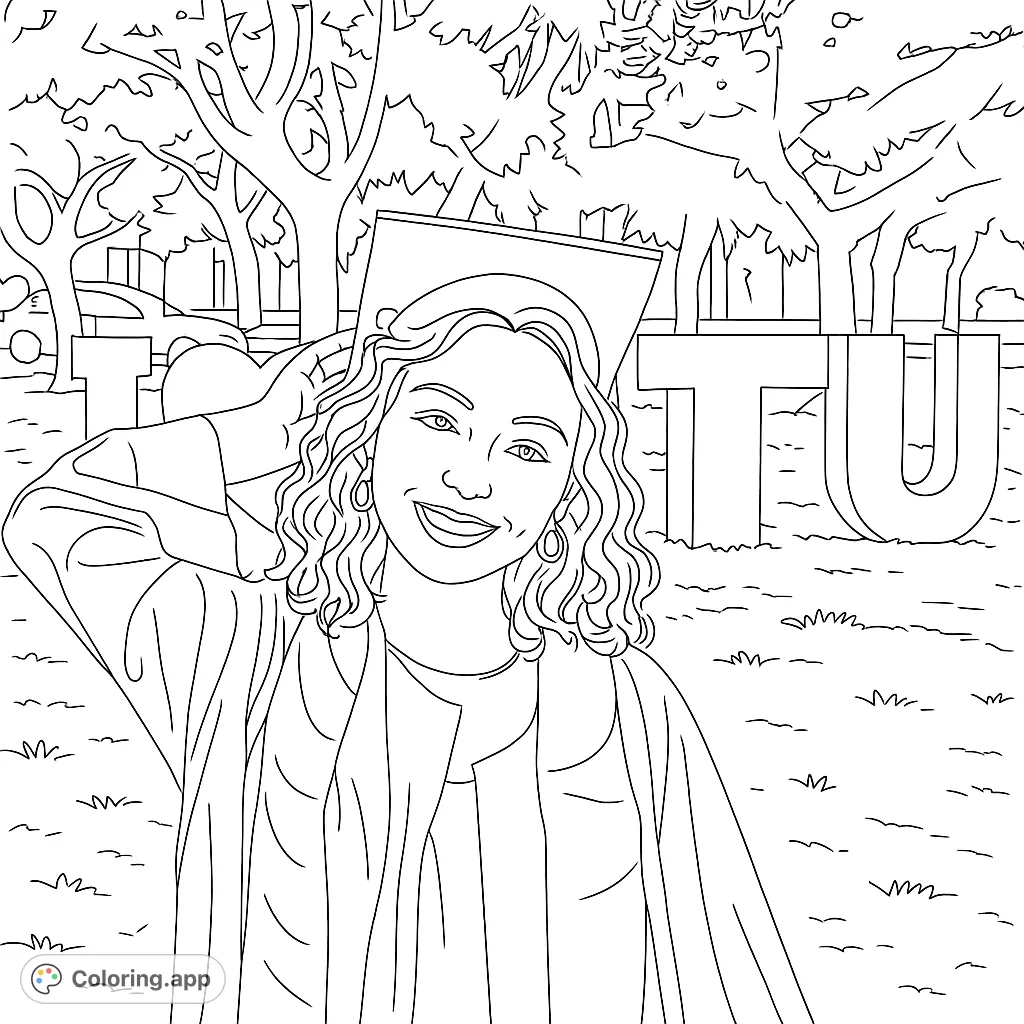 Celebrate achievement with this graduation portrait coloring page! A smiling graduate in cap and gown, with a vibrant campus background. Perfect for all ages.