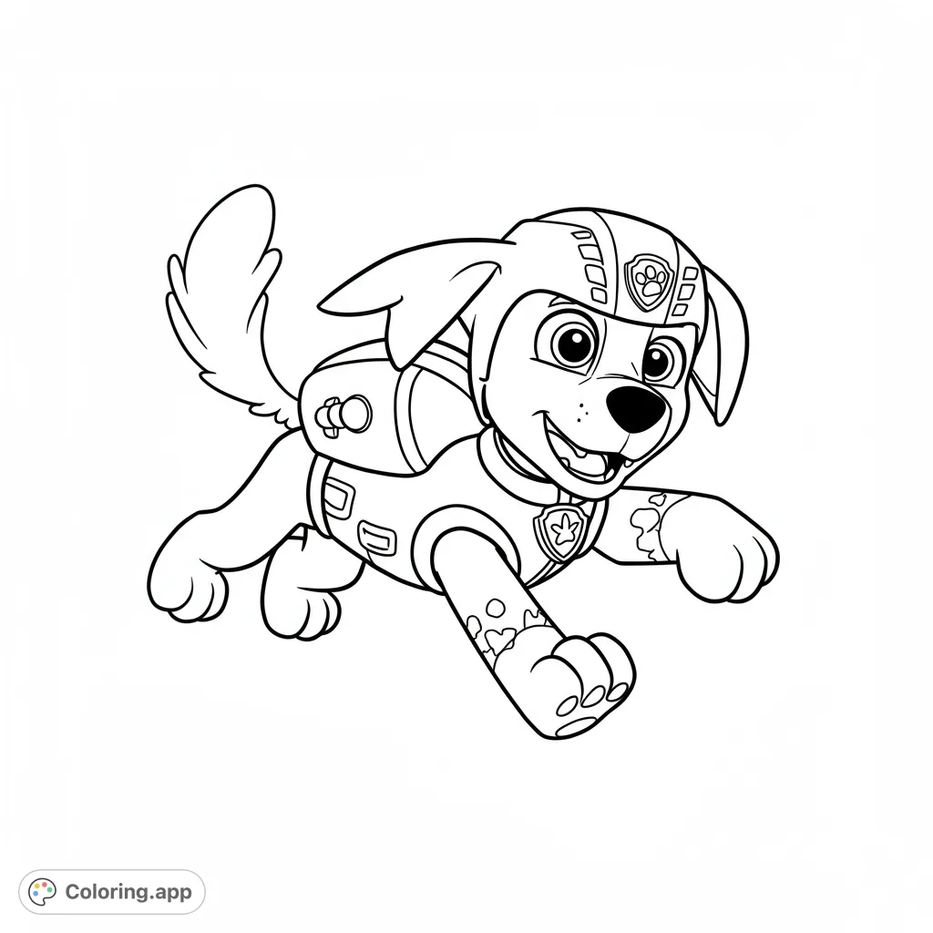 A cheerful cartoon dog in a rescue uniform, leaping forward with a big smile. This heroic dog coloring page is perfect for young fans.