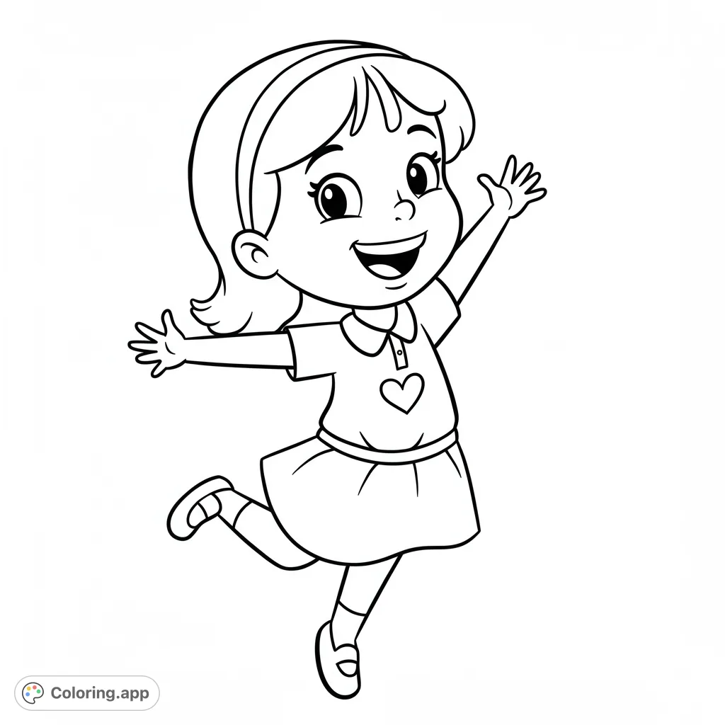 A joyful girl leaps with arms outstretched, featuring a heart on her shirt. A delightful and free printable coloring page for kids and adults.