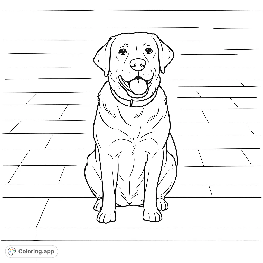 A cheerful Labrador dog sits patiently, tongue out, with a simple tiled background. A free printable dog coloring page for all ages.