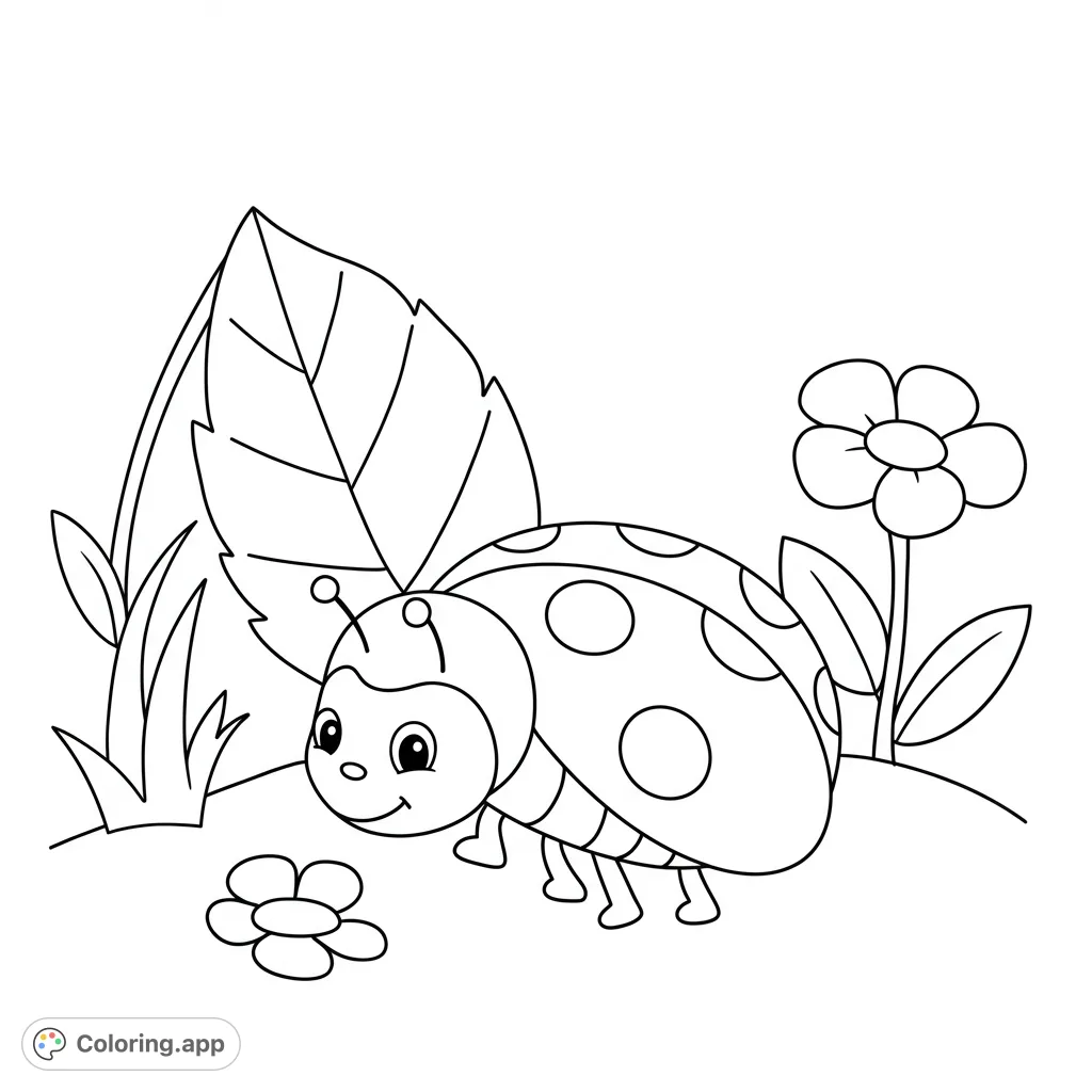 A delightful ladybug smiles amidst a garden of leaves and flowers. Perfect for a charming nature coloring page, offering simple, joyful coloring fun.