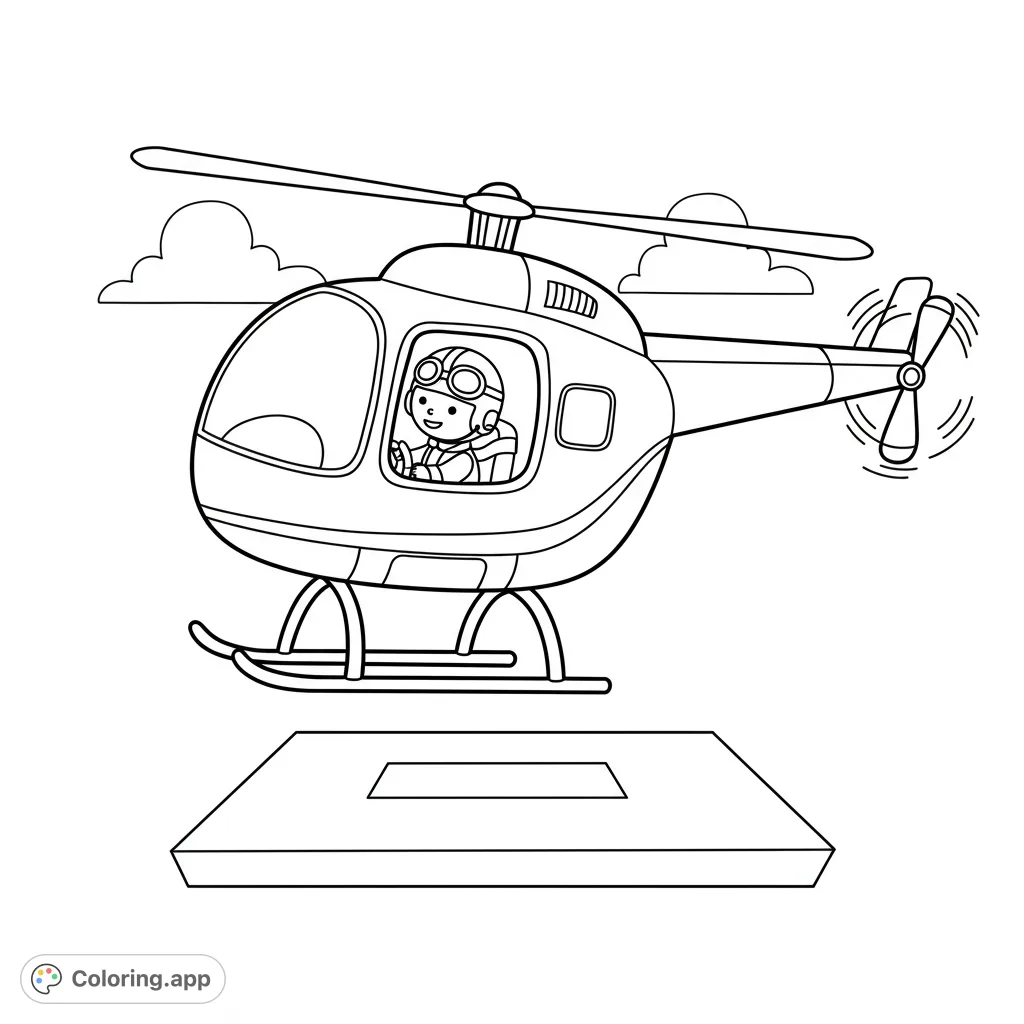 A cheerful pilot in a helicopter hovers above a helipad, ready for landing. A fun aviation coloring page for kids and adults.