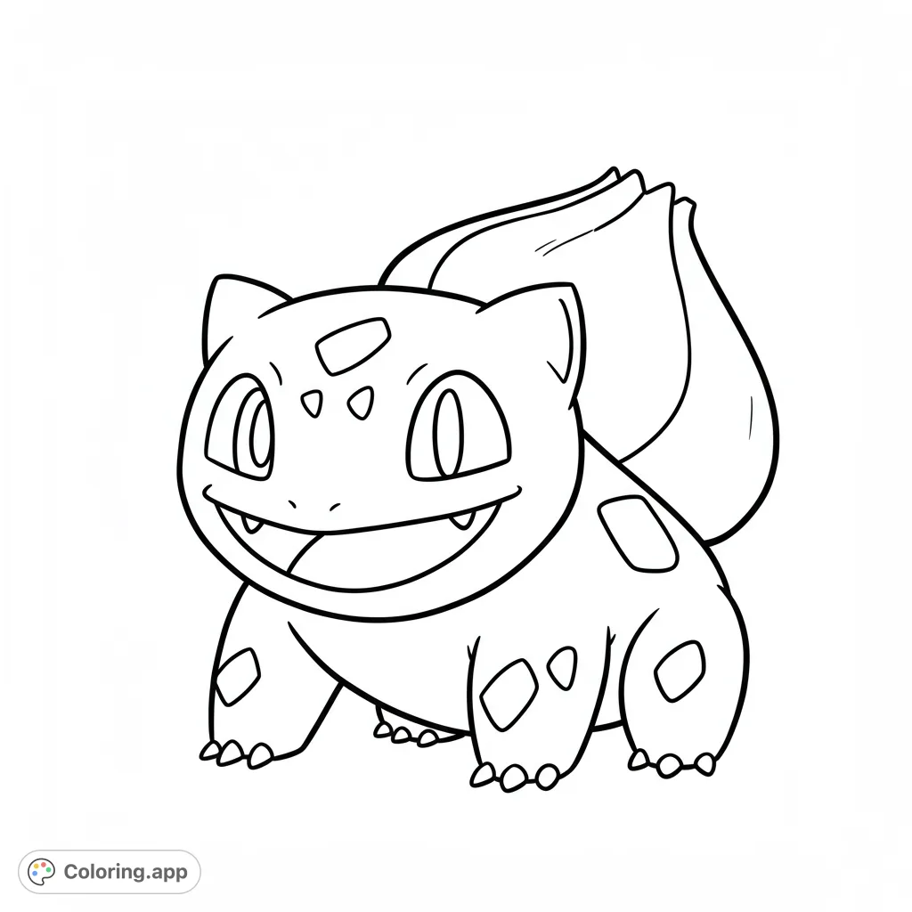 A cheerful plant creature with a bulb on its back, ready for vibrant colors. A free printable Pokémon coloring page for kids and adults.