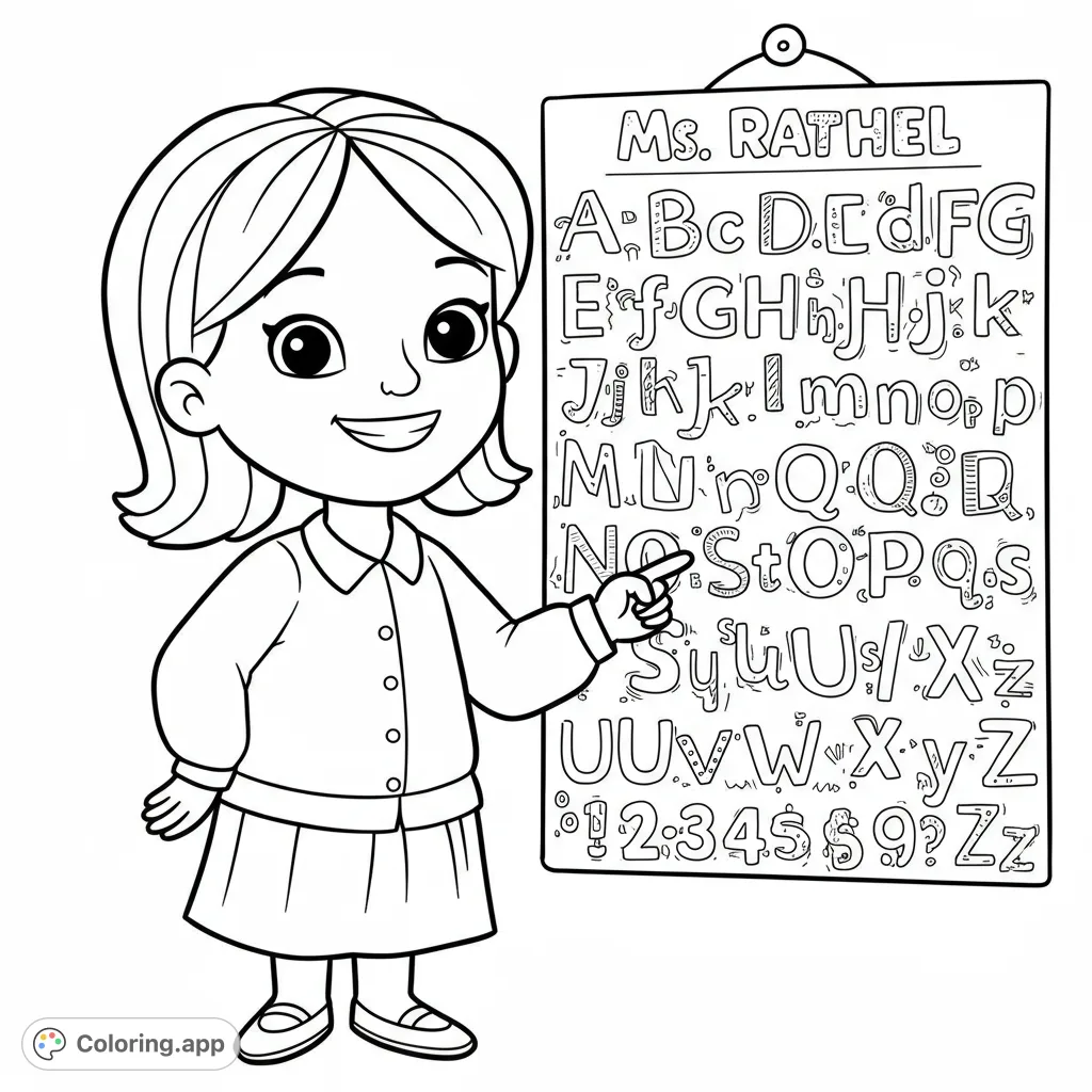 A cheerful teacher points to a blank board, perfect for a classroom coloring page. Free printable for kids and adults.