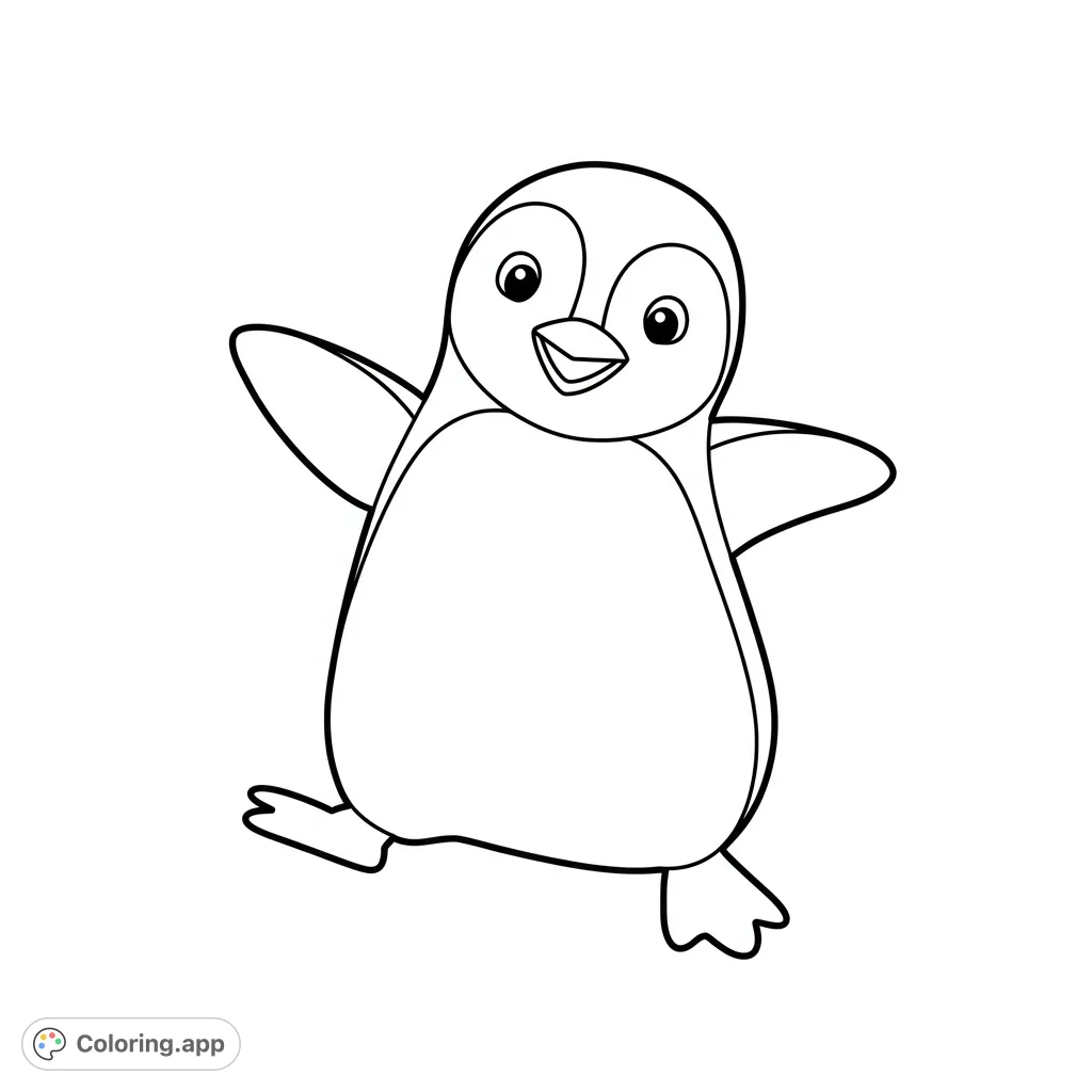 An adorable penguin with wide, happy eyes and a cheerful smile, flippers spread wide, ready for vibrant colors. A free printable penguin coloring page.