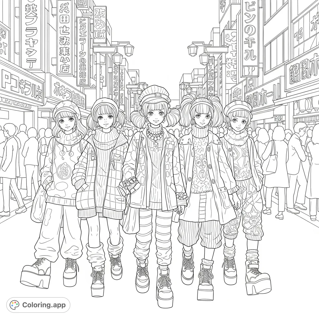 Immerse yourself in the dynamic world of Harajuku street fashion. This detailed coloring page features stylish youth, layered outfits, and bustling Takeshita Street.