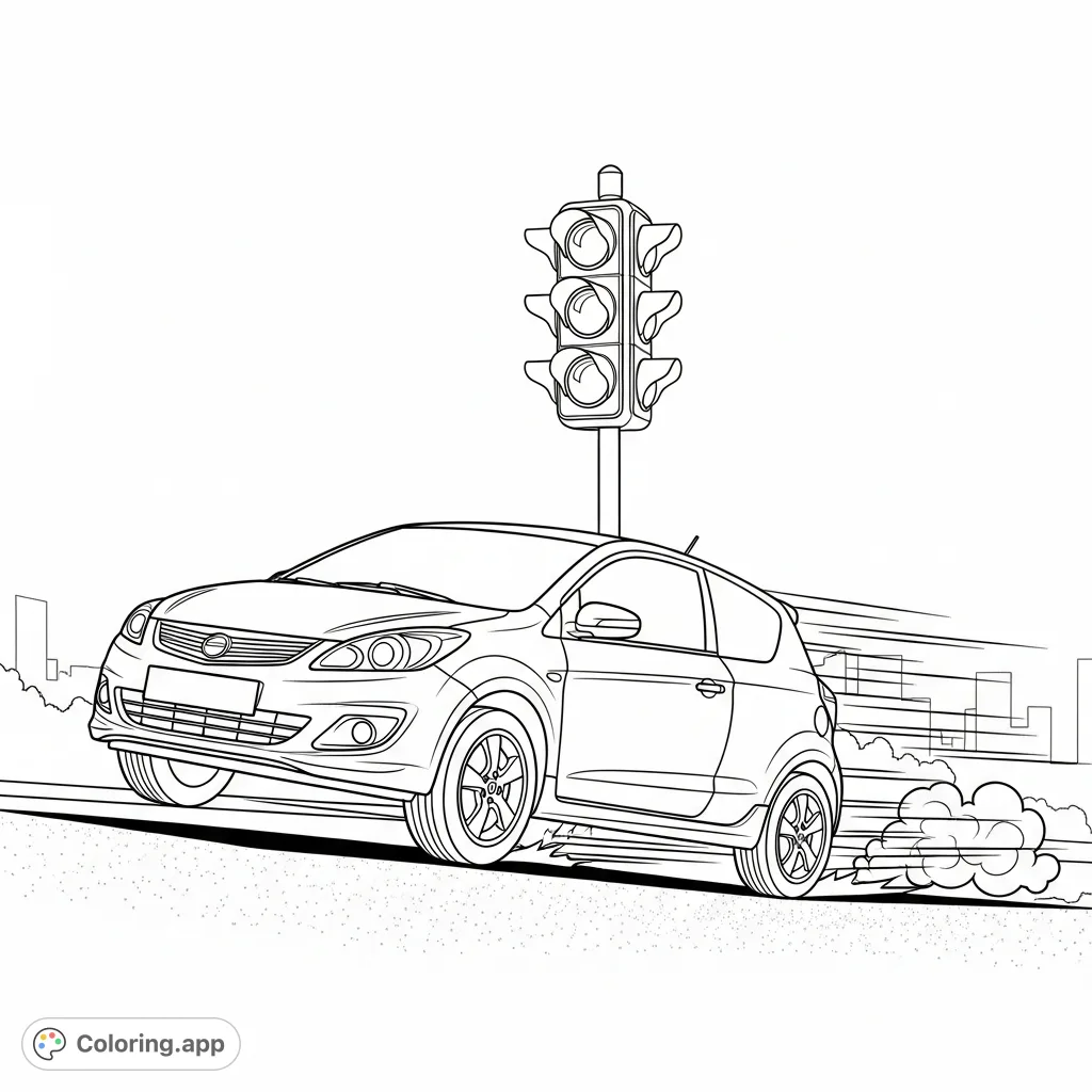 Detailed street racing hatchback launching from a stoplight, with dynamic motion lines conveying raw speed and urban energy. Perfect for car enthusiasts.