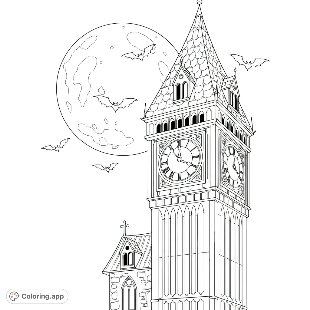 A majestic gothic clock tower stands tall under a full moon, with bats soaring. A spooky, detailed scene perfect for Halloween or gothic themes.