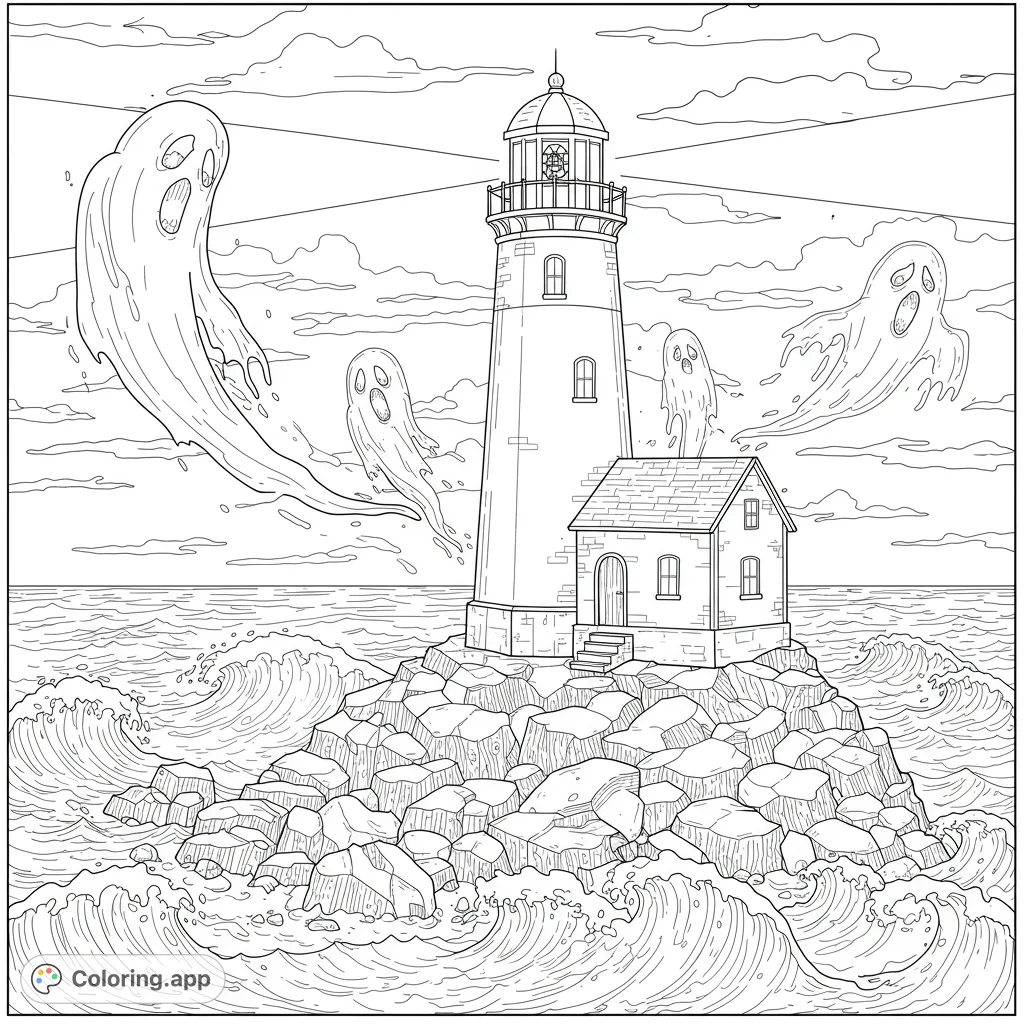 A spooky lighthouse coloring page featuring a tall lighthouse on a rocky island, surrounded by swirling ocean waves and ghostly figures in a cloudy sky. Free printable coloring page for kids and adults.