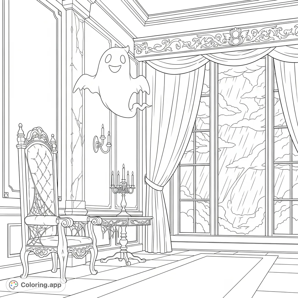 Explore a grand, cobweb-draped hallway in a haunted mansion, complete with ornate furniture, a candelabra, and a friendly ghost hovering near the ceiling.