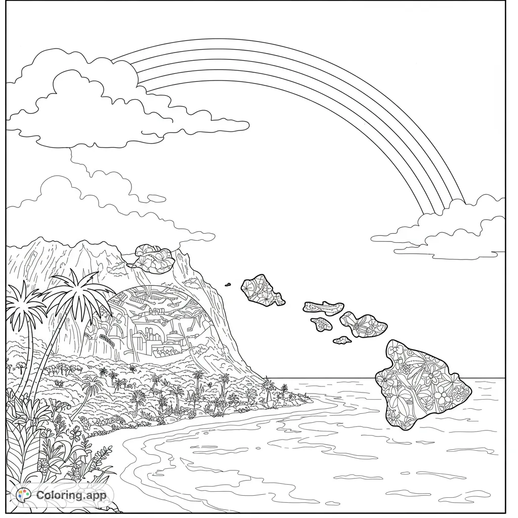 Explore a vibrant Hawaiian landscape coloring page featuring a majestic volcano, lush beach, patterned islands, and a grand rainbow. Perfect for all ages!