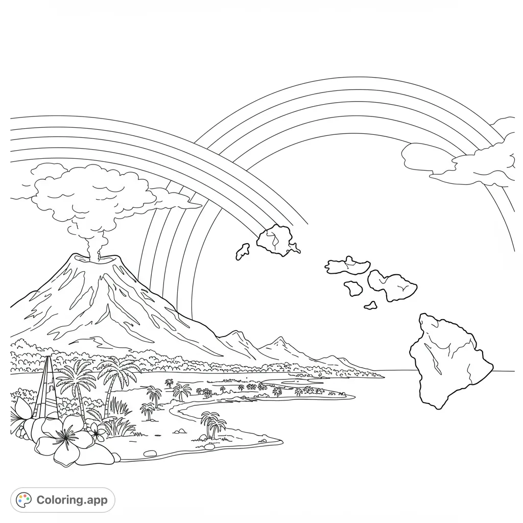 Explore a vibrant Hawaiian landscape coloring page featuring a smoking volcano, lush palm trees, ocean, islands, and two majestic rainbows.