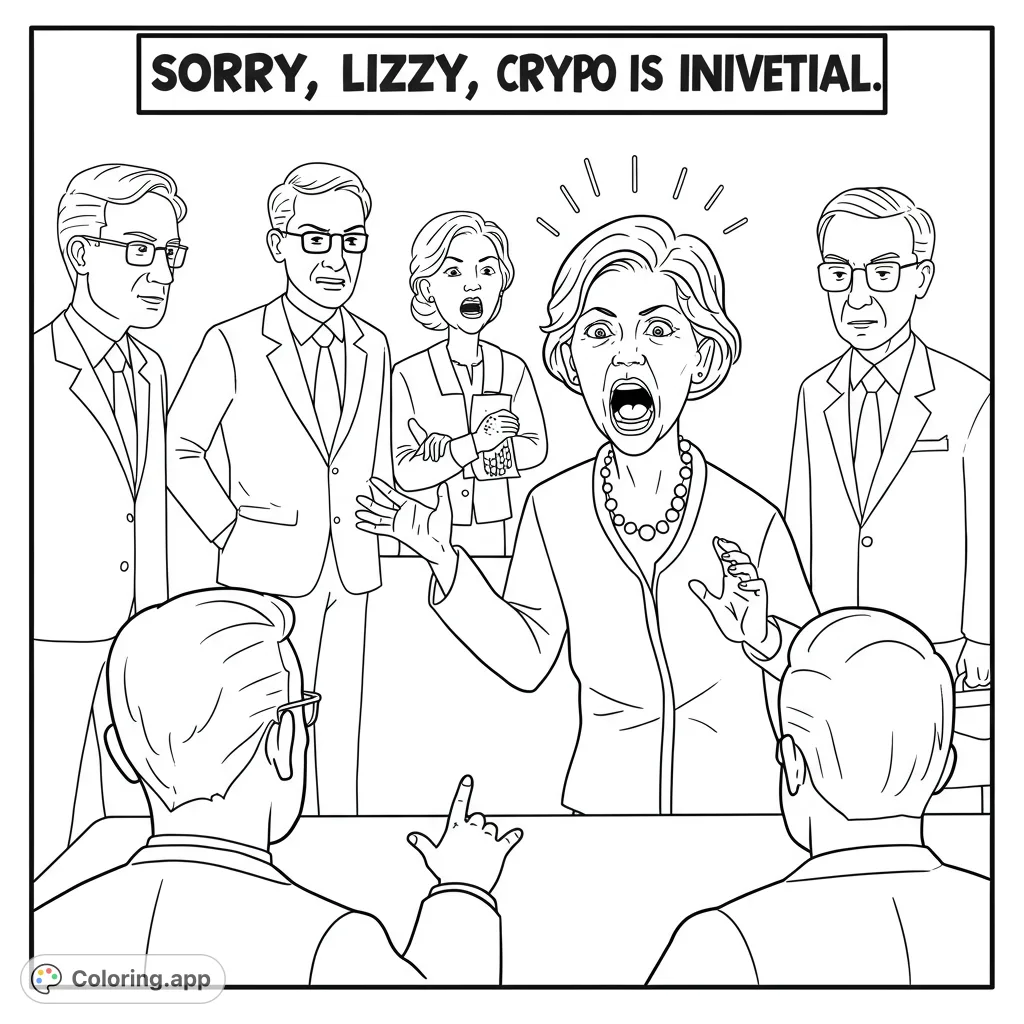 Dynamic political debate coloring page featuring a central figure passionately speaking amidst a group of reacting politicians. A free printable coloring page for adults.