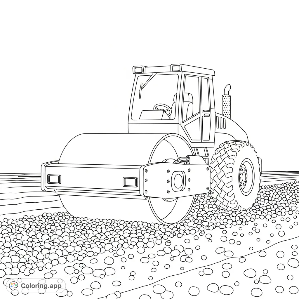 A powerful compactor roller flattens gravel, featuring a large simplified drum, operator cabin, and rugged wheels on a detailed construction site.
