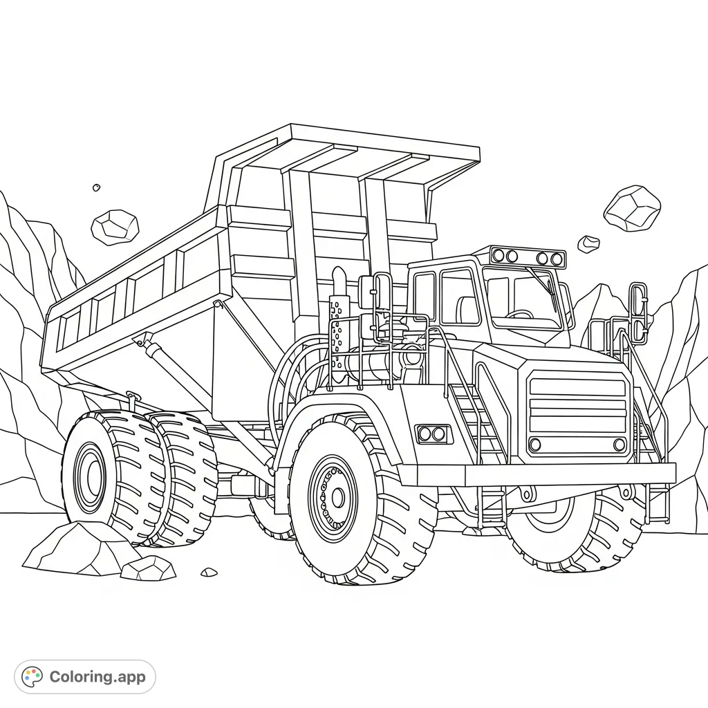 Color a powerful heavy-duty off-road dump truck with an articulated midsection and massive tires, set against a backdrop of minimal, scattered rocks.