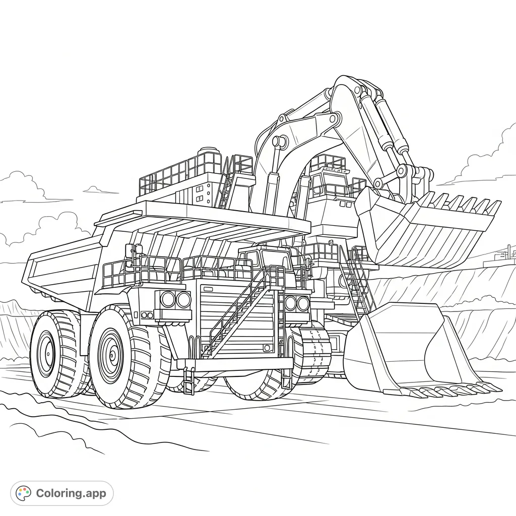 Color a powerful heavy hauler truck alongside colossal construction machinery in an industrial setting, with simplified details for a balanced coloring experience.