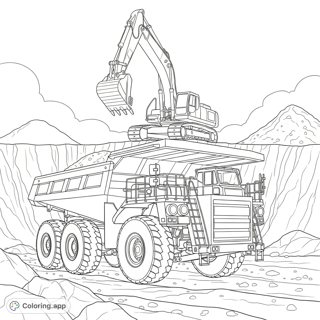 A detailed coloring page featuring a large heavy hauler truck being loaded by a simplified excavator, set against a rugged construction site.