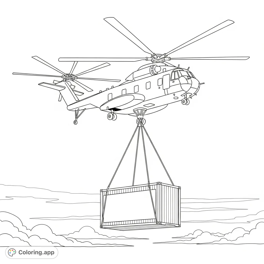 A powerful heavy-lift helicopter transports a large, simplified cargo container across an open sky, offering a dynamic scene for focused coloring.