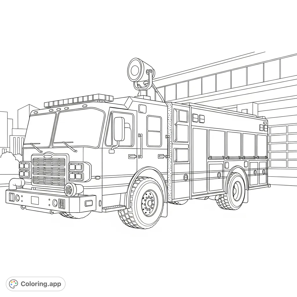 Detailed heavy rescue truck coloring page featuring a robust vehicle with numerous tool compartments and emergency lights, set against a subtle city backdrop.