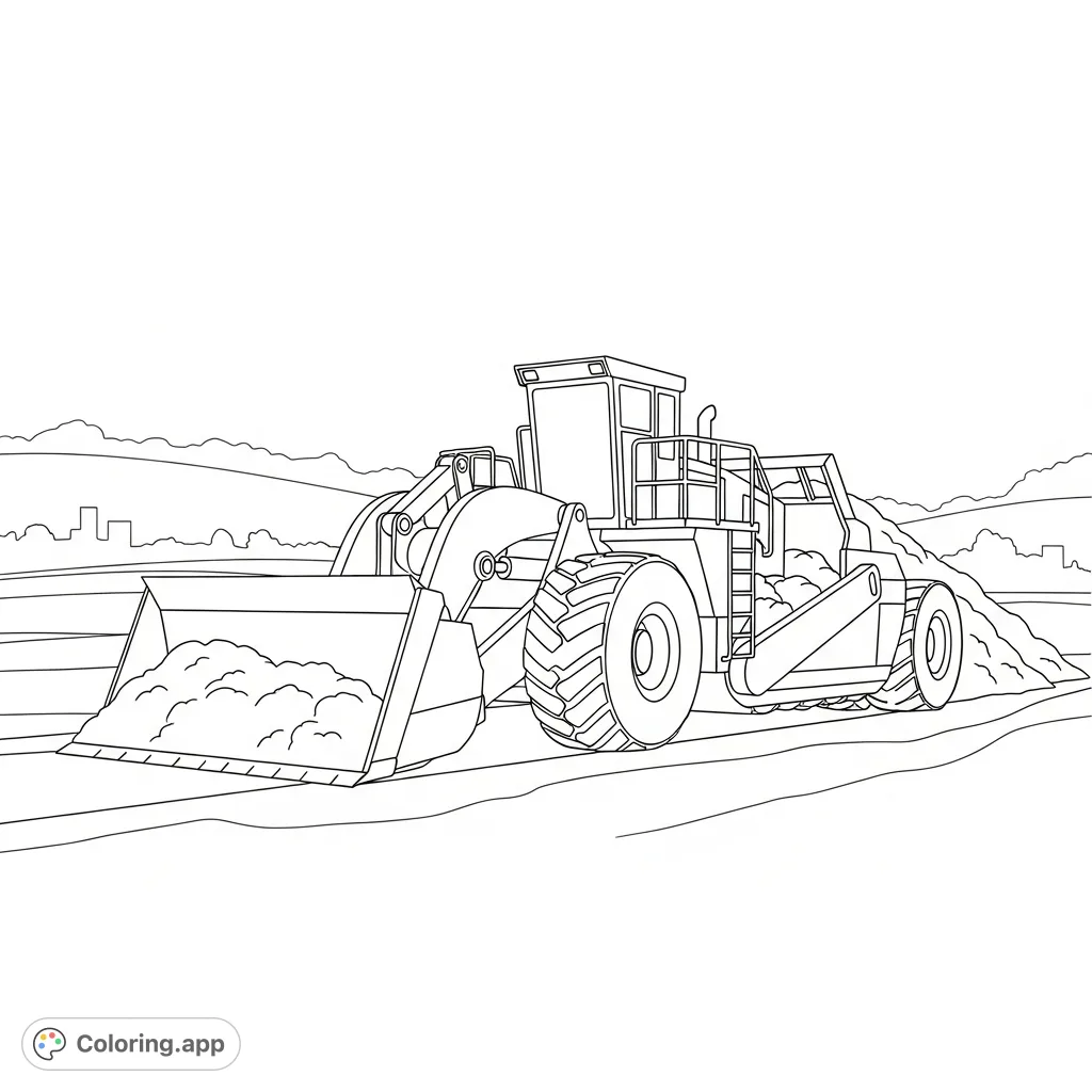 A powerful heavy scraper machine actively removes topsoil, featuring simplified blade and bowl for easy coloring, set against a construction backdrop.