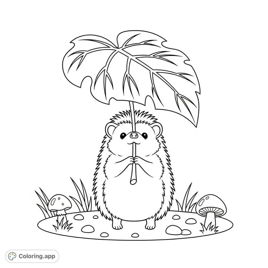 A charming hedgehog uses a broad leaf as an umbrella on a simplified forest floor. A whimsical nature scene perfect for imaginative coloring.