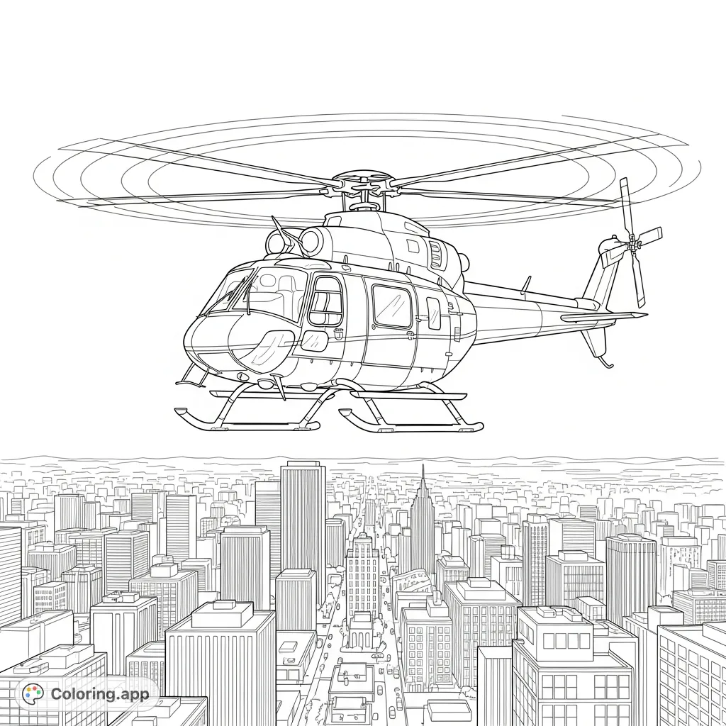 A detailed coloring page featuring a helicopter hovering over a dynamic cityscape with various buildings, streets, and distant horizons, perfect for aviation enthusiasts.