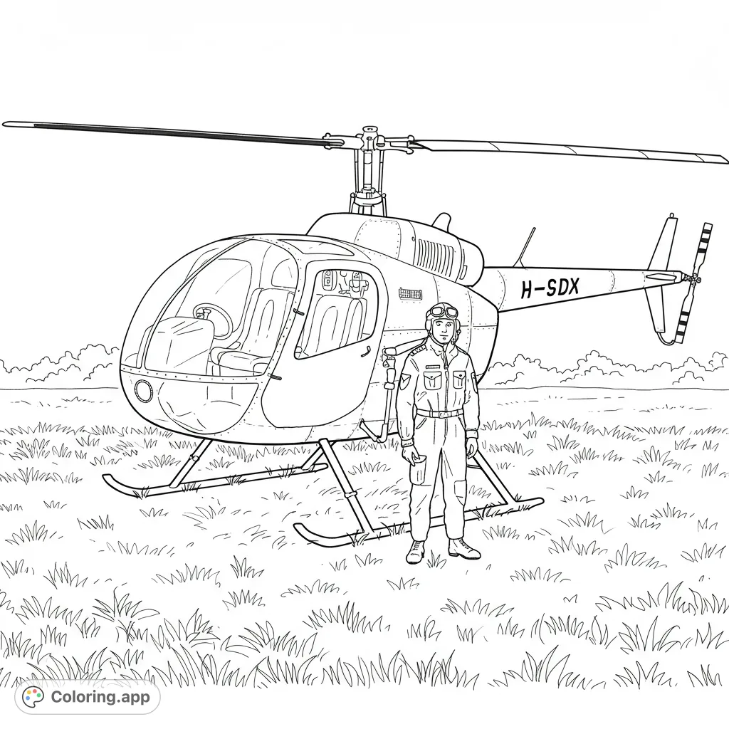 A detailed helicopter coloring page featuring a pilot in a flight suit, ready for adventure. Perfect for aviation enthusiasts of all ages.