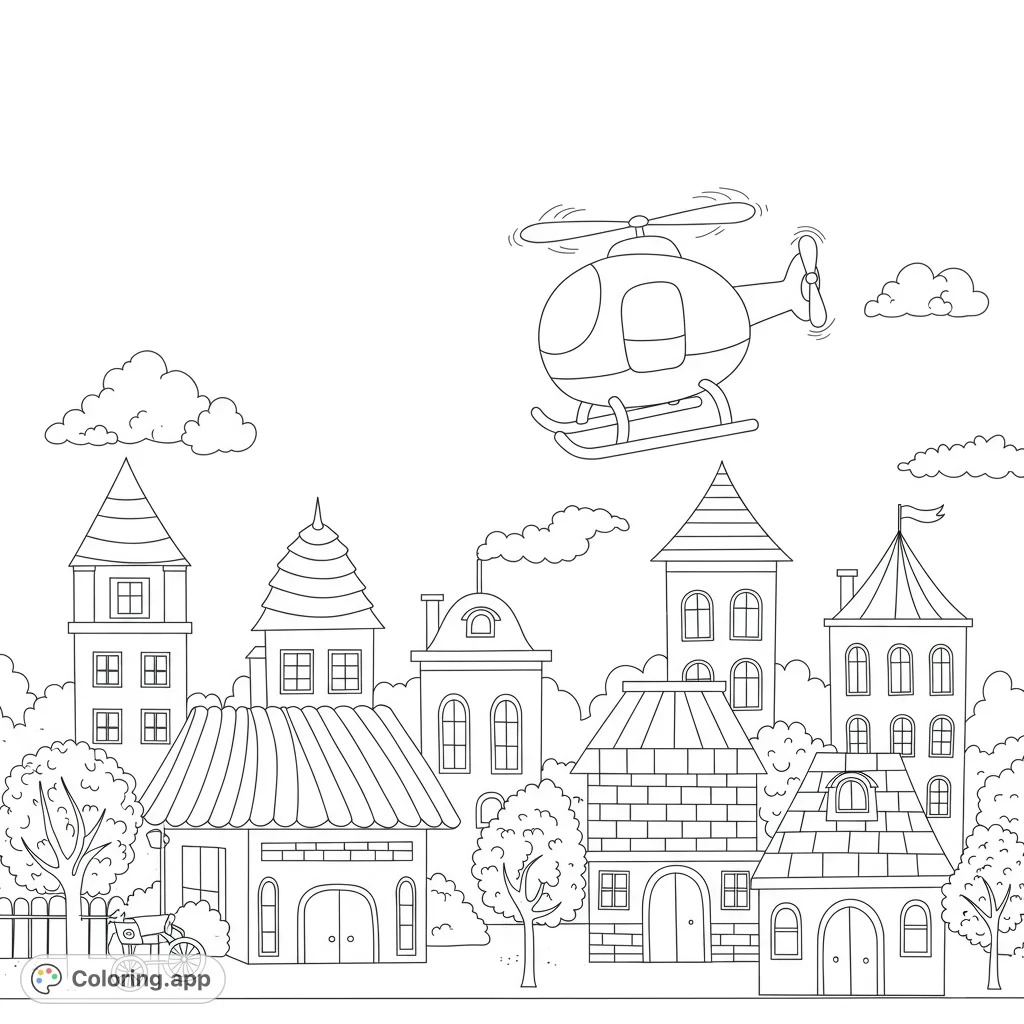 A delightful townscape coloring page featuring a cute helicopter soaring above charming houses, trees, and a horse-drawn cart. Perfect for kids and adults!