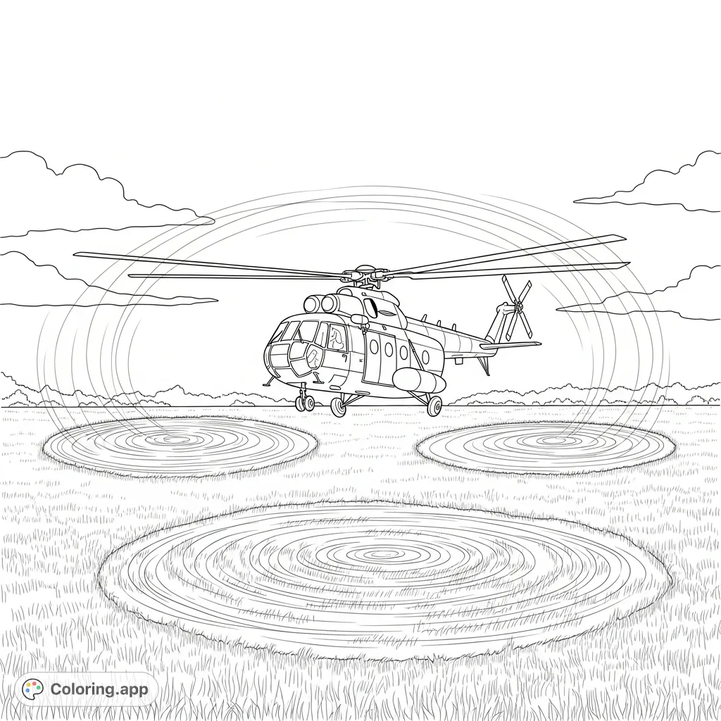 A detailed coloring page featuring a large helicopter mid-landing on a grassy field, with rotor wash pushing grass aside. Perfect for aviation enthusiasts.