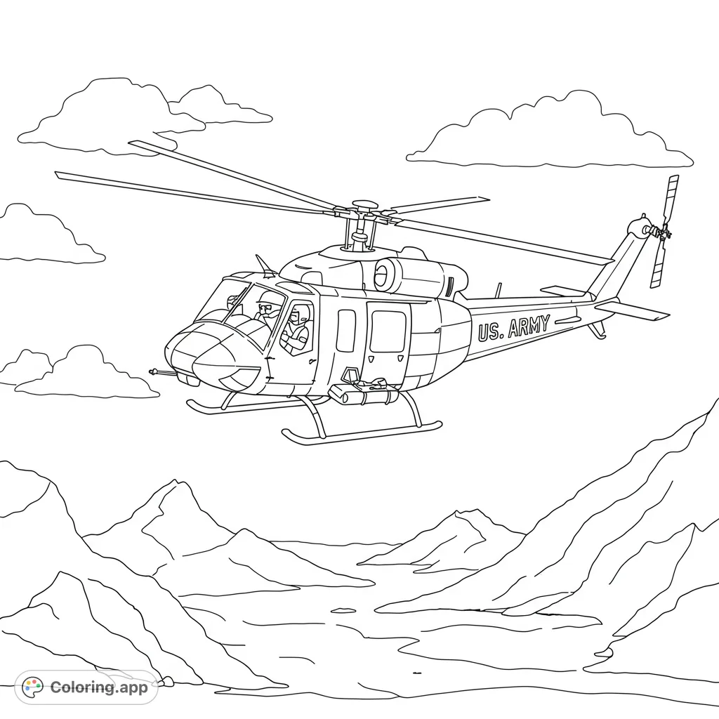Dynamic helicopter coloring page soaring over rugged mountains. Perfect for aviation enthusiasts and adventure seekers.