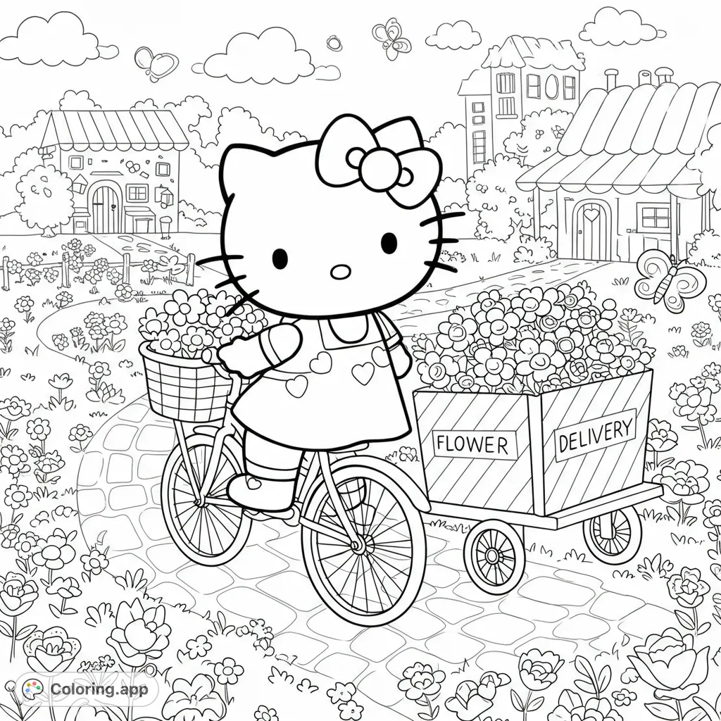 Join Hello Kitty on her charming bicycle flower delivery adventure through a delightful village, surrounded by blooming gardens and fluttering butterflies.