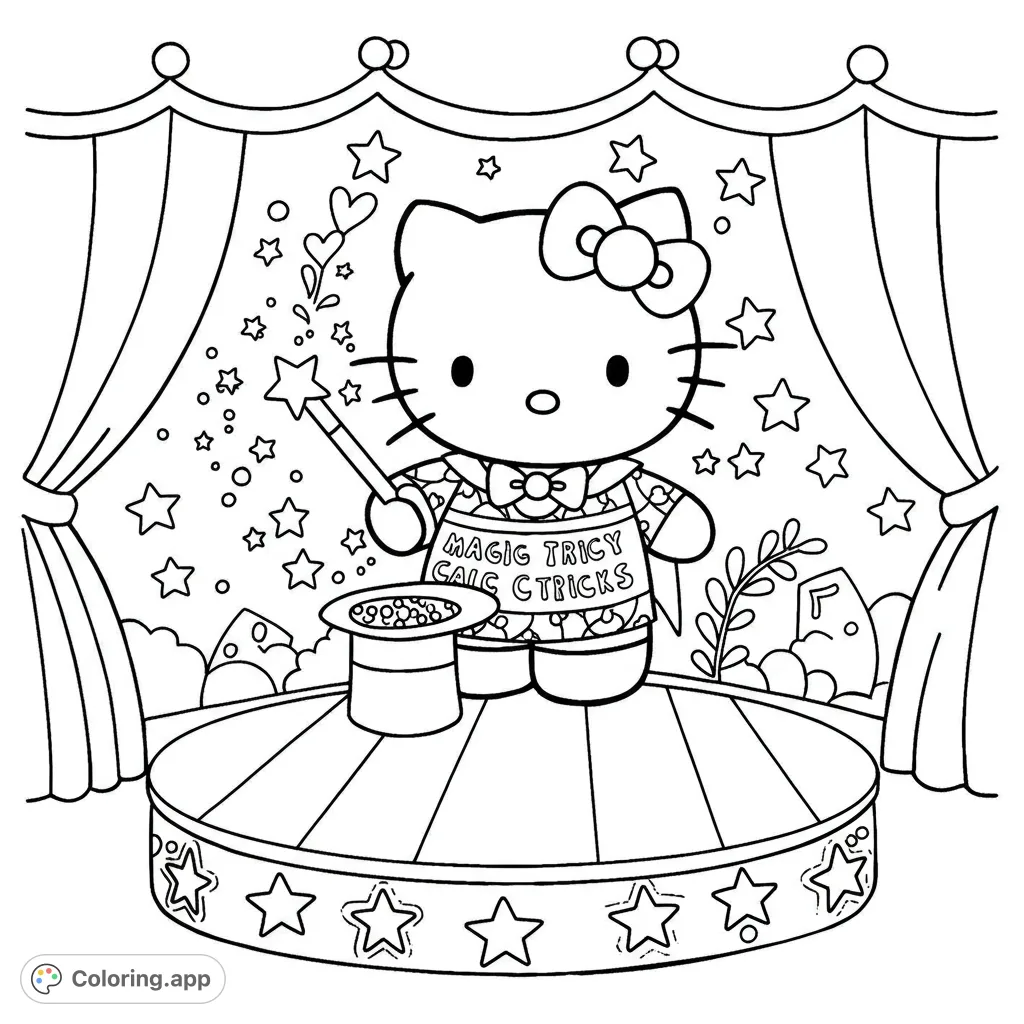 Hello Kitty performs magic on stage with a wand and top hat, surrounded by stars. A charming, free printable coloring page for kids and adults.
