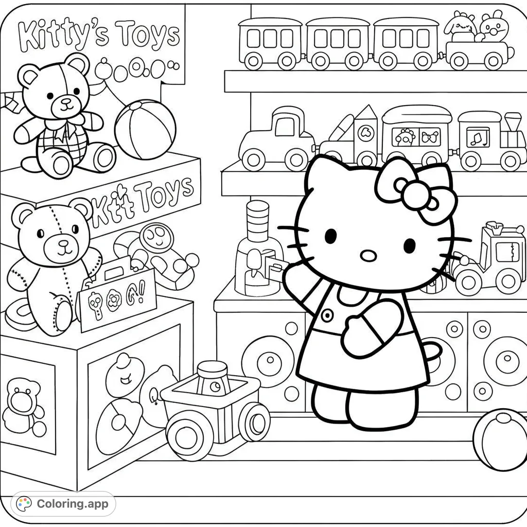 A delightful Hello Kitty coloring page featuring the beloved character surrounded by an array of charming toys in a busy toy store.