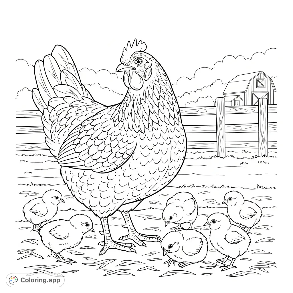 A charming coloring page featuring a mother hen diligently watching over her adorable brood of chicks in a rustic farmyard setting, perfect for all ages.