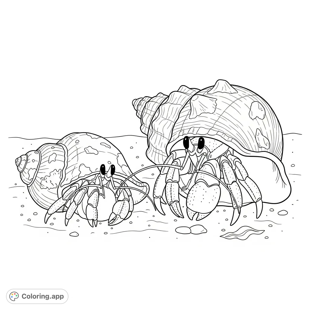 Witness a hermit crab's remarkable shell transition. This detailed page features the crab, its old shell, and a new, intricate spiral home on a sandy seabed.