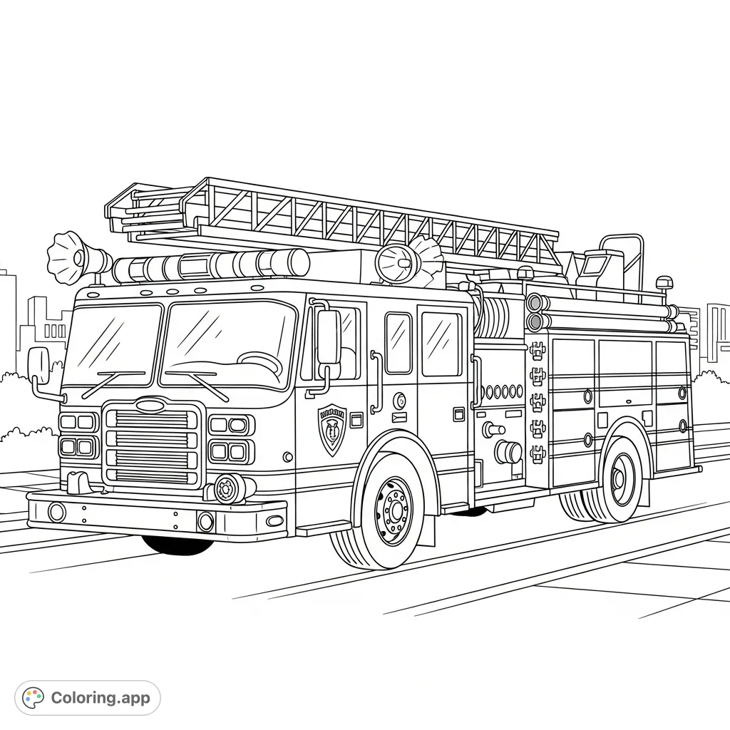 A detailed coloring page featuring a classic fire truck with ladders, hose reels, and flashing emergency lights, driving down a city street with urban buildings.