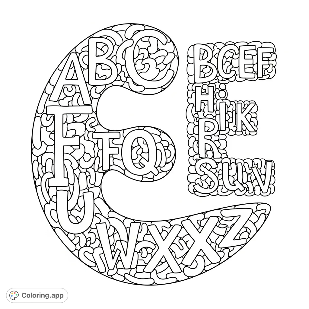 Discover a fascinating hidden alphabet coloring page featuring letters woven into intricate patterns, abstract doodles, and formed by negative space.