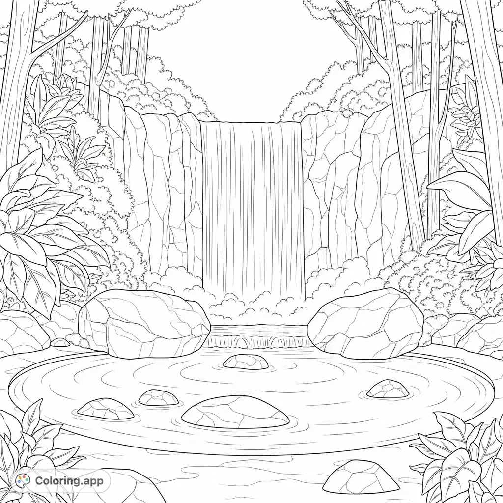 Discover a serene hidden lagoon with a majestic waterfall. Smooth water arcs cascade into still waters surrounded by rounded boulders and lush foliage.